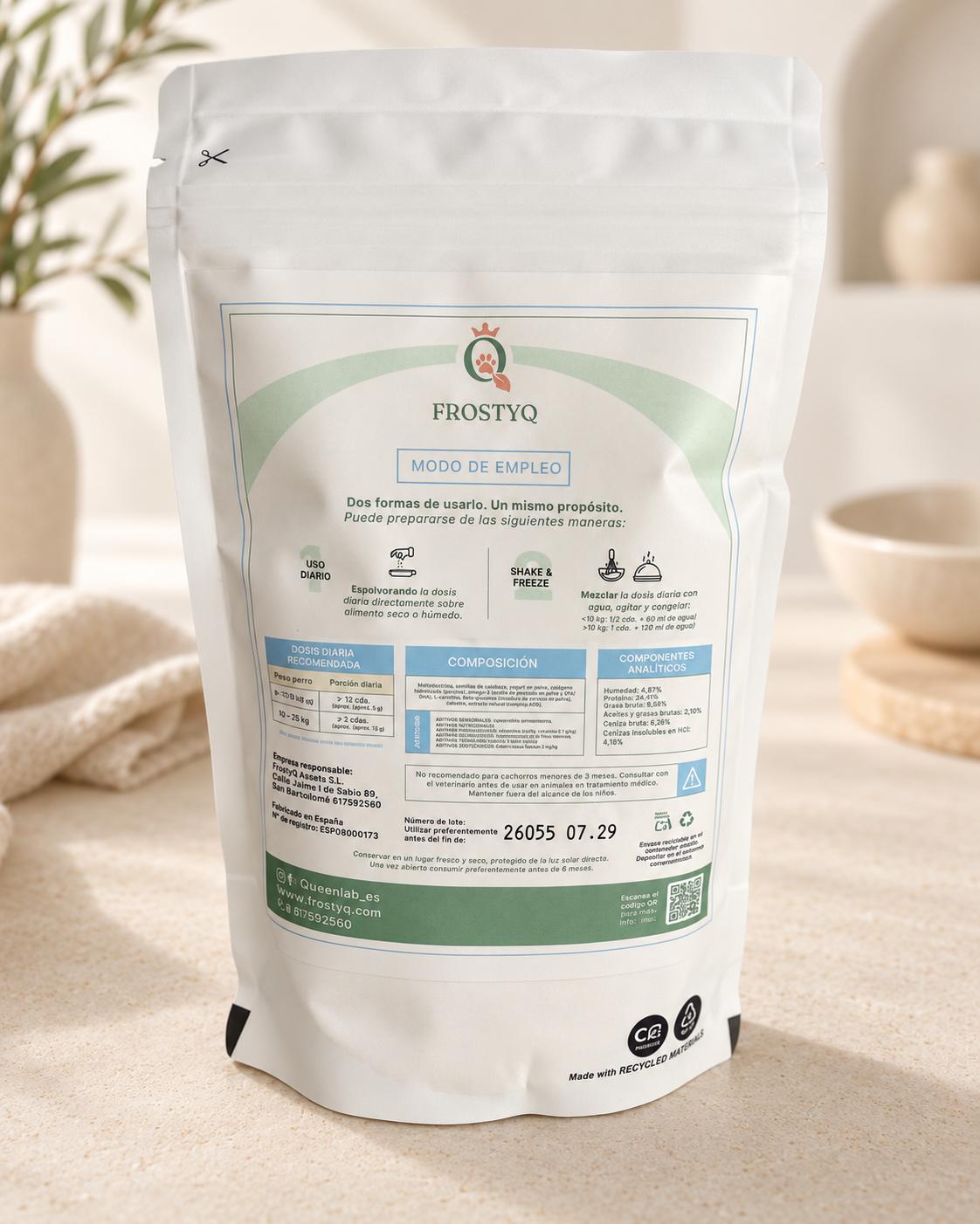 Reverso del envase FrostyQ Marine Blend con modo de empleo, composición e información nutricional